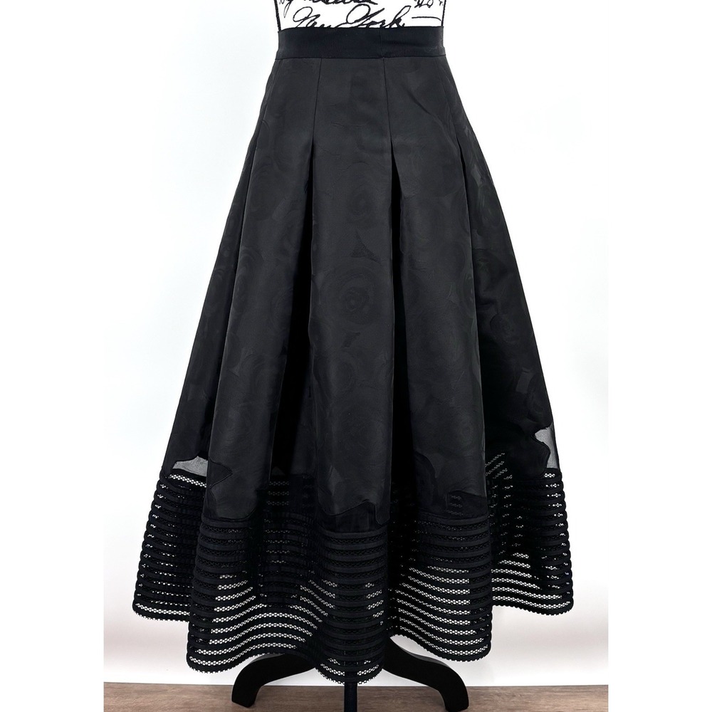 Sachin & Babi Noir Midi Skirt Size 10 Black Silk Organza Rose Jacquard Texture